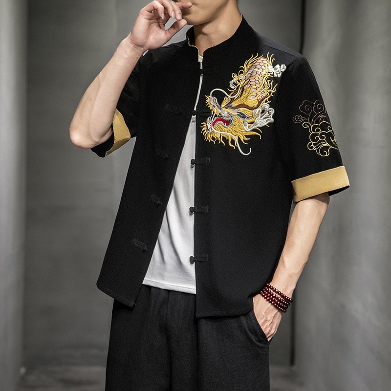 봄과 여름 새로운 중국 스타일 남자 드래곤 자수 반팔 셔츠, 느슨한 복고풍 셔츠 hanfu Wushu Kung fu 의류